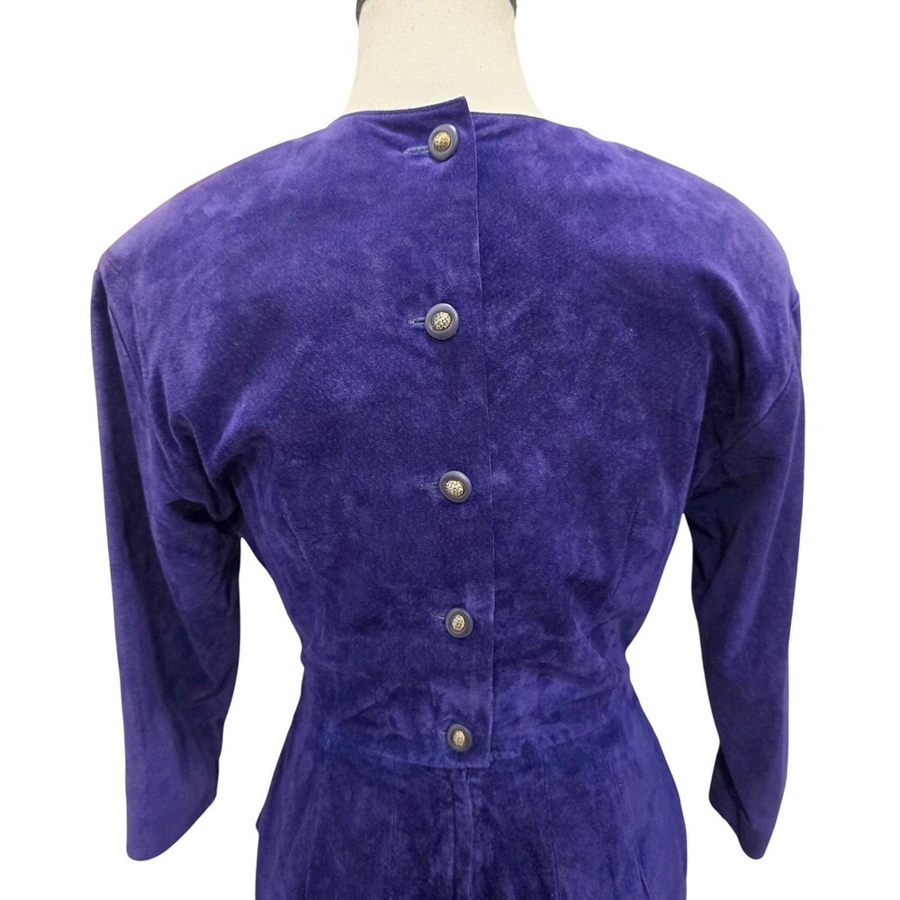 Vtg 90s Valerie Stevens Purple Suede Dress Tiered Skirt Button Back‎ Midi 4 XS - Picture 4 of 9